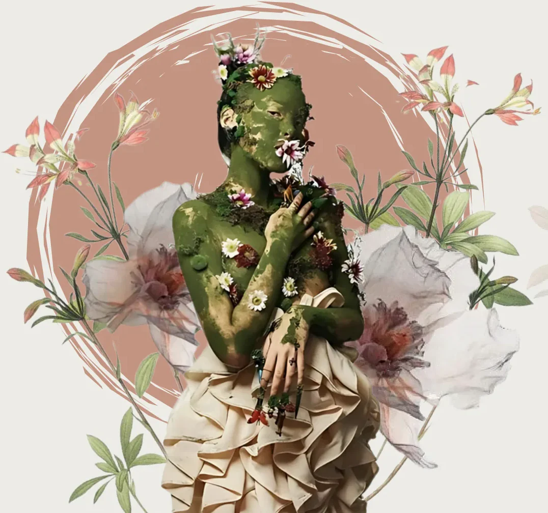 Sustainable fashion inspiration with model, flowers and organic forms